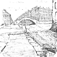 Zeichnung: Venedig, Calle de la Chiesa, 40 x 40 cm, Tuschepinsel auf Papier